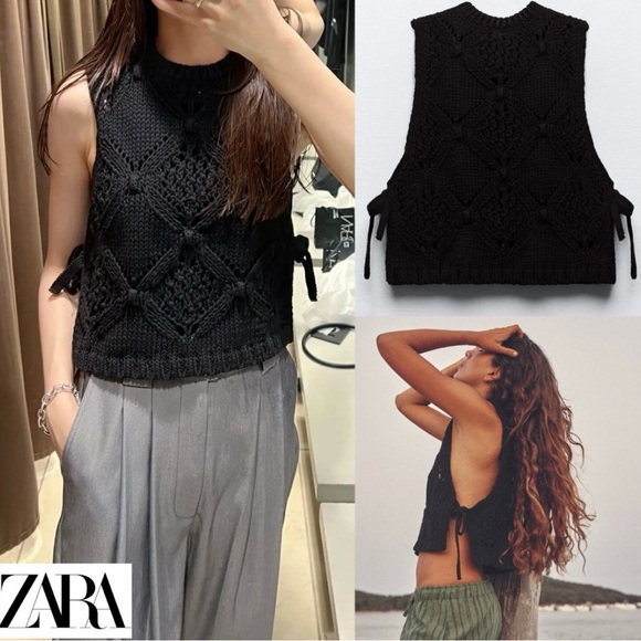 Zara Tops - ❤️SOLD❤️Zara Women's Black crochet side tie sleeveless crop sweater size small